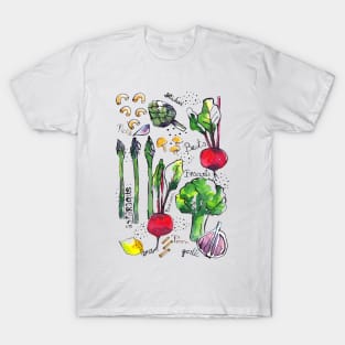 Eat your veggies! Food illustration sketches handdrawn and painted. Asparagus, lemon, beetroot, broccoli, artichoke, mushrooms, garlic T-Shirt